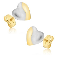 Zlaté náušnice 585 - dvoubarevná symetrická srdce, puzetky