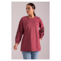 armonika Women's Dried Rose Round Neck Tunic with Embossed Sleeves