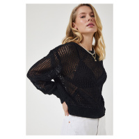 Happiness İstanbul Women's Black Openwork Seasonal Knitwear Sweater