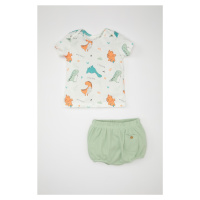 DEFACTO Baby Boy Dinosaur Patterned Short Sleeve T-Shirt Shorts Waffle 2-Piece Set