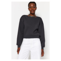 Trendyol Anthracite Comfort Fit Crop Basic Crew Neck Thick Fleece Knitted Sweatshirt
