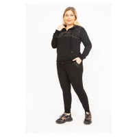 Şans Women's Black Plus Size Stone Detailed Hooded Sweatshirt and Pants Set