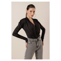 By Saygı Double-breasted Collar Blouse With Pleats, Waistband and Snap Button Black