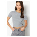 Trendyol Gray Melange Stone Detail Fitted/Situated Crew Neck, Flexible Knitted Cotton T-Shirt