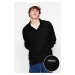 Trendyol Black Men's Oversize/Wide Cut Labeled Textured Cotton Polo Neck Sweatshirt