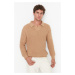 Trendyol Camel Men's Oversize Fit Wide Fit Polo Collar Plaid Knitwear Sweater