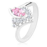 Prsten ve stříbrném odstínu se zahnutými rameny, růžovo-čiré zirkony