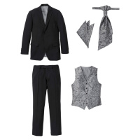 Oblek (5dílná souprava): sako, kalhoty, vesta, plastron, kapesníček