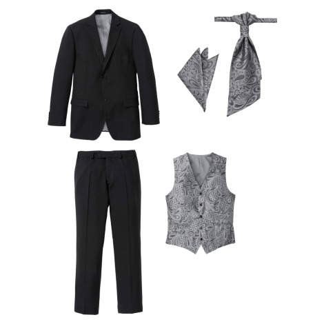 Oblek (5dílná souprava): sako, kalhoty, vesta, plastron, kapesníček Bonprix