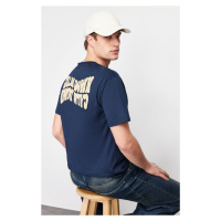 Trendyol Navy Blue Relaxed/Comfortable Cut Ribbed Text Back Printed 100% Cotton T-shirt