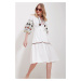 Trend Alaçatı Stili Women's White Big Collar Balloon Sleeve Interior Lined Belted Embroidered Em