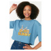Trendyol Indigo Bugs Bunny Licensed Printed Loose Crop Knitted T-Shirt