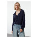 Trendyol Navy Blue Crop Wide Pattern Soft Texture Turn-down Collar Knitwear Cardigan