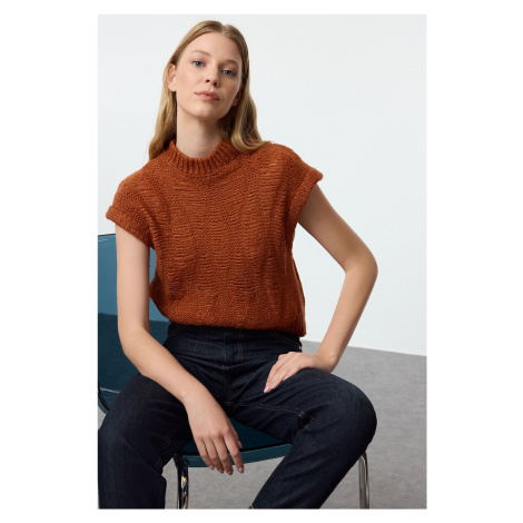 Trendyol Tan Soft Texture Crop Short Sleeve Crew Neck Knit Sweater