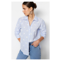 Trendyol Blue Striped Floral Cotton Woven Shirt