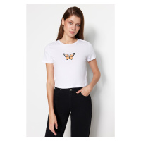 Trendyol White 100% Cotton Butterfly Embroidered Crop Crew Neck Knitted T-Shirt