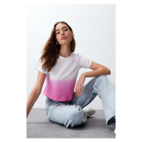 Trendyol Pink 100% Cotton Gradient Transition Comfortable Fit/Crop Knitted T-Shirt