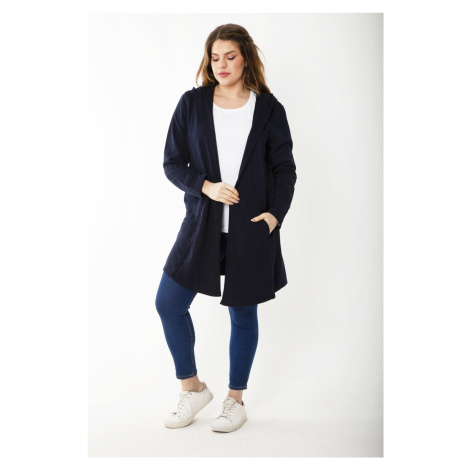 Şans Women's Plus Size Navy Blue, Cup And Vep Detail Hooded Cardigan