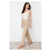 Trendyol Light Brown Straight/Straight Fit High Waist Ribbed Stitched Woven Trousers