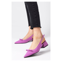 Mio Gusto Lynn Purple Women's Short Heeled Shoes with Open Back Matte Satin Fabric.