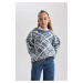 DEFACTO Girl&#39;s Crew Neck Patterned Sweater