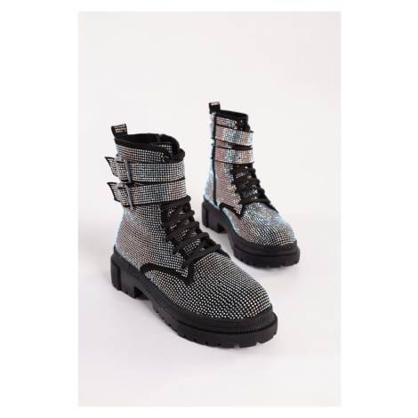Shoeberry Women's Axandra Black Suede Thick Sole Stone Boots Black Suede