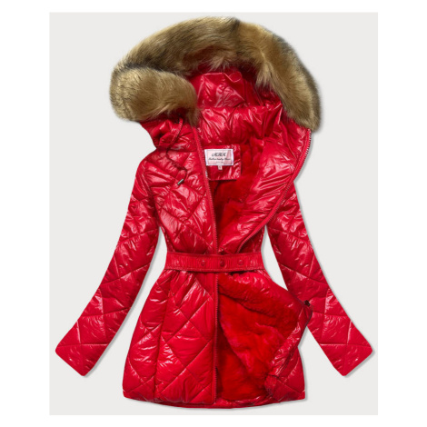 Lesklá červená zimní bunda s mechovitým kožíškem (W756) MHM