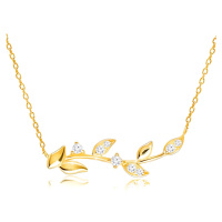 Diamantový náhrdelník ze žlutého 14K zlata - stonek s hladkými a briliantovými listy