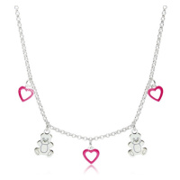 Dětský stříbrný 925 náhrdelník - kontury srdíček s růžovou glazurou a lesklí medvídci