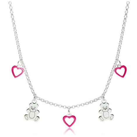 Dětský stříbrný 925 náhrdelník - kontury srdíček s růžovou glazurou a lesklí medvídci Šperky eshop