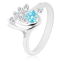 Třpytivý prsten - slza s hladkými obloučky, modrý kulatý zirkon, čirá linie