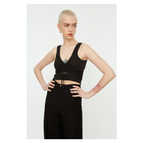Trendyol Black Ruffle Detailed Cut Out Corduroy Knitted Singlet