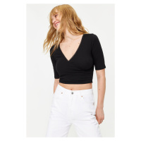 Trendyol Black Double Breasted Neck Crop Fitted Lace Detail Cotton Stretch Knitted Blouse