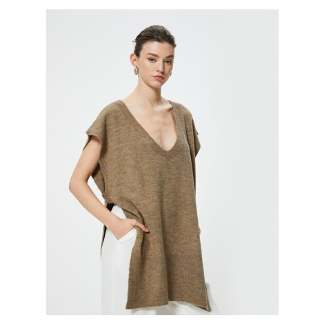 Koton Long Knitwear Sweater with Side Tie Sleeveless V-Neck