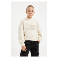 DEFACTO Girl Ecru Oversize Wide Pattern Hooded Embroidered Thick Sweatshirt