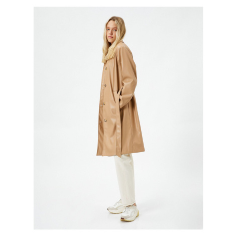 Koton Trench Coat Leather Look Midi Length Belt Detailed Pocket Buttoned