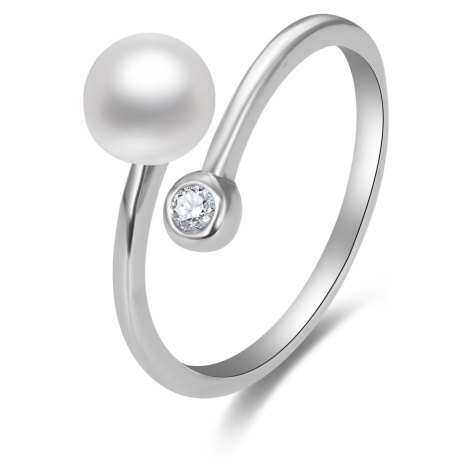 Beneto Otevřený stříbrný prsten s pravou perlou a zirkonem AGG469P