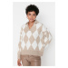 Trendyol Beige Oversize měkký texturovaný vzorovaný pletený svetr