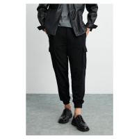 GRIMELANGE Leroy Men's Thick Textured Fabric, Velcro, 6 Pocket, Wide Cut Black Trousers with Ela