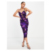 ASOS DESIGN cami lace up front ruched midi dress in purple floral print-Multi