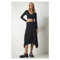 Happiness İstanbul Women's Black Asymmetrical Cut Corduroy Knitted Skirt