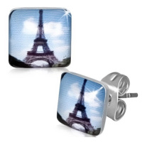 Čtvercové ocelové náušnice s Eiffelovou věží