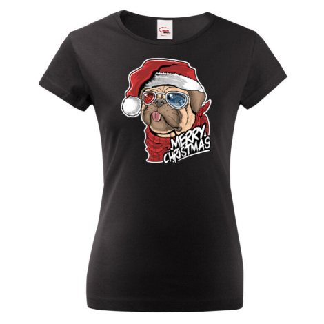 Dámské tričko s potiskem vánočního buldočku - vtipné vánoční tričko BezvaTriko
