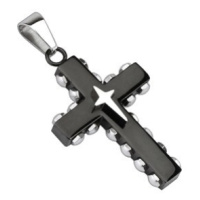 Přívěsek - černý ocelový kříž, stříbrné nýty