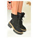 Fox Shoes Women's Black Suede Thick Sole Shearling Boots