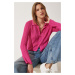 Happiness İstanbul Women's Pink Lightweight Transparent Polo Collar Summer Knitwear Cardigan