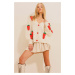 Trend Alaçatı Stili Women's Ecru V Neck Strawberry Hand Knitted Patterned Knitwear Winter Cardig
