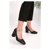 Shoeberry Women's Lax Black Skin Heeled Shoes
