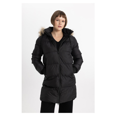 DEFACTO Water Repellent Puffer Long Coat Parka Windproof Zippered Faux Für Detachable Hood