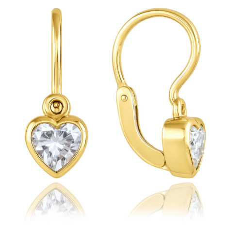 Olivie MINET Dětské zlaté náušnice s předním zapínáním srdíčka s bílými zirkony Au 585/1000